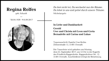 Anzeige von Regina Rolfes von Kölner Stadt-Anzeiger / Kölnische Rundschau / Express