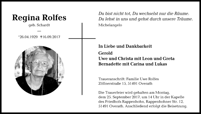  Traueranzeige für Regina Rolfes vom 20.09.2017 aus Kölner Stadt-Anzeiger / Kölnische Rundschau / Express
