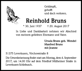 Anzeige von Reinhold Bruns von Kölner Stadt-Anzeiger / Kölnische Rundschau / Express