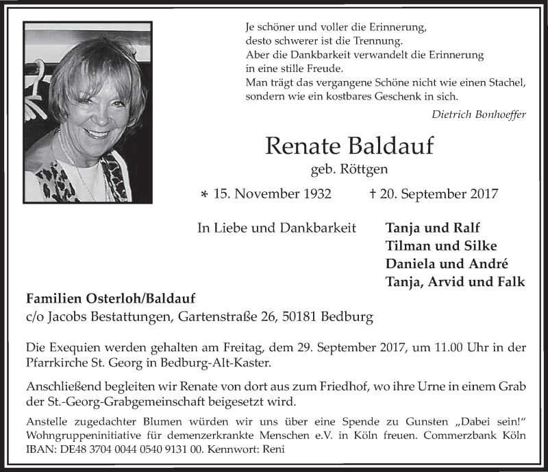  Traueranzeige für Renate Baldauf vom 27.09.2017 aus  Werbepost 