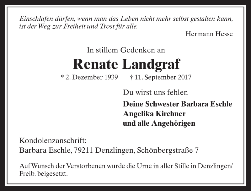  Traueranzeige für Renate Landgraf vom 23.09.2017 aus  Schaufenster/Blickpunkt am Wochenende 