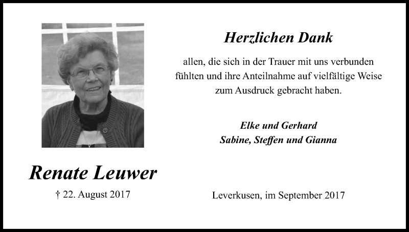  Traueranzeige für Renate Leuwer vom 16.09.2017 aus Kölner Stadt-Anzeiger / Kölnische Rundschau / Express
