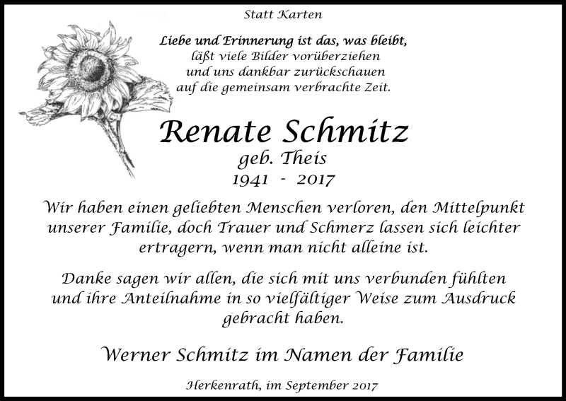  Traueranzeige für Renate Schmitz vom 08.09.2017 aus Kölner Stadt-Anzeiger / Kölnische Rundschau / Express