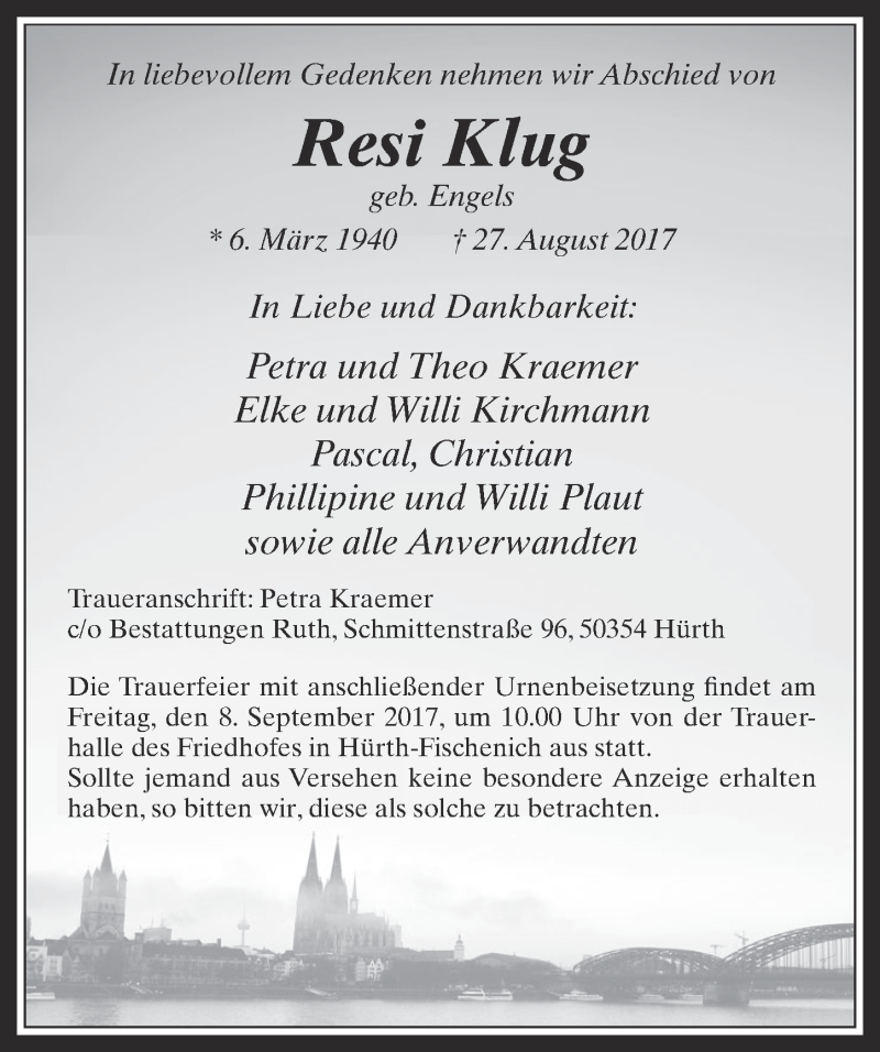  Traueranzeige für Resi Klug vom 06.09.2017 aus  Wochenende 