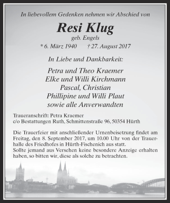 Anzeige von Resi Klug von  Wochenende 