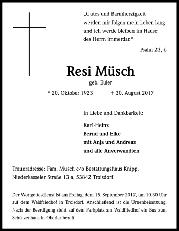Anzeige von Resi Müsch von Kölner Stadt-Anzeiger / Kölnische Rundschau / Express