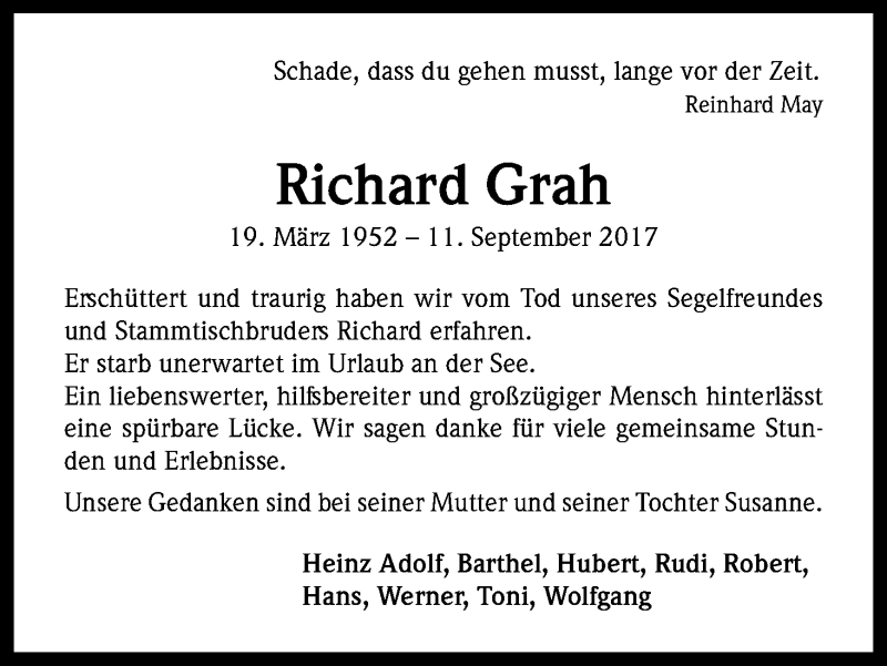  Traueranzeige für Richard Grah vom 18.09.2017 aus Kölner Stadt-Anzeiger / Kölnische Rundschau / Express