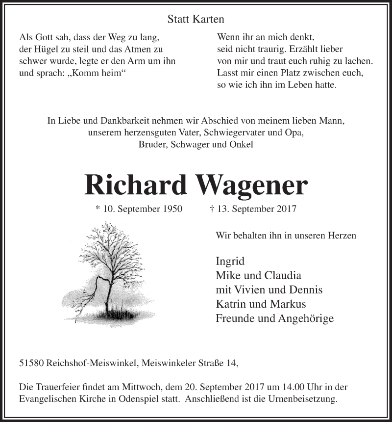  Traueranzeige für Richard Wagener vom 20.09.2017 aus  Lokalanzeiger 