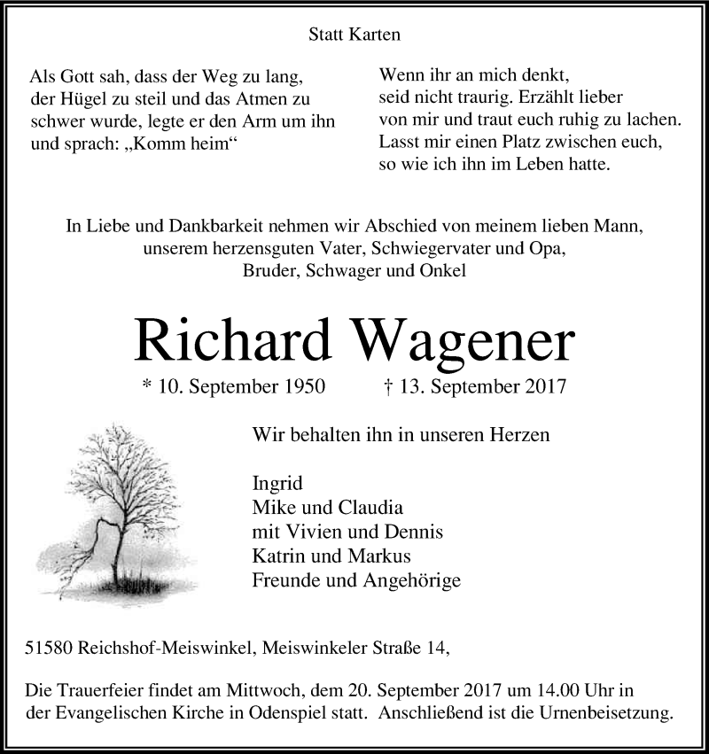  Traueranzeige für Richard Wagener vom 16.09.2017 aus Kölner Stadt-Anzeiger / Kölnische Rundschau / Express