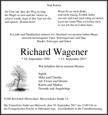 Anzeige von Richard Wagener von Kölner Stadt-Anzeiger / Kölnische Rundschau / Express