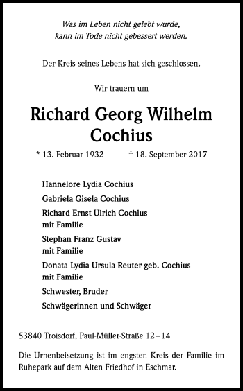 Anzeige von Richard Georg Wilhelm Cochius von Kölner Stadt-Anzeiger / Kölnische Rundschau / Express