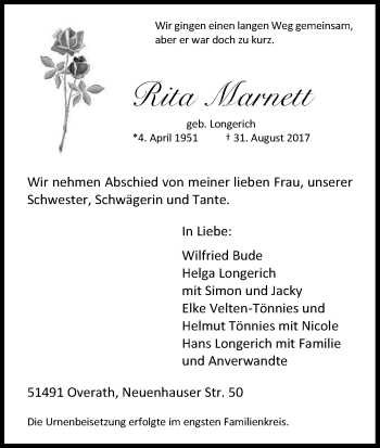 Anzeige von Rita Marnett von Kölner Stadt-Anzeiger / Kölnische Rundschau / Express