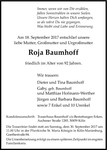 Anzeige von Roja Baumhoff von Kölner Stadt-Anzeiger / Kölnische Rundschau / Express