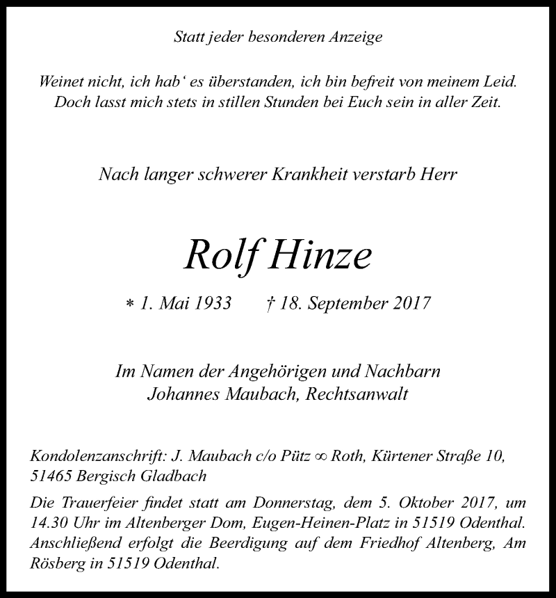  Traueranzeige für Rolf Hinze vom 30.09.2017 aus Kölner Stadt-Anzeiger / Kölnische Rundschau / Express