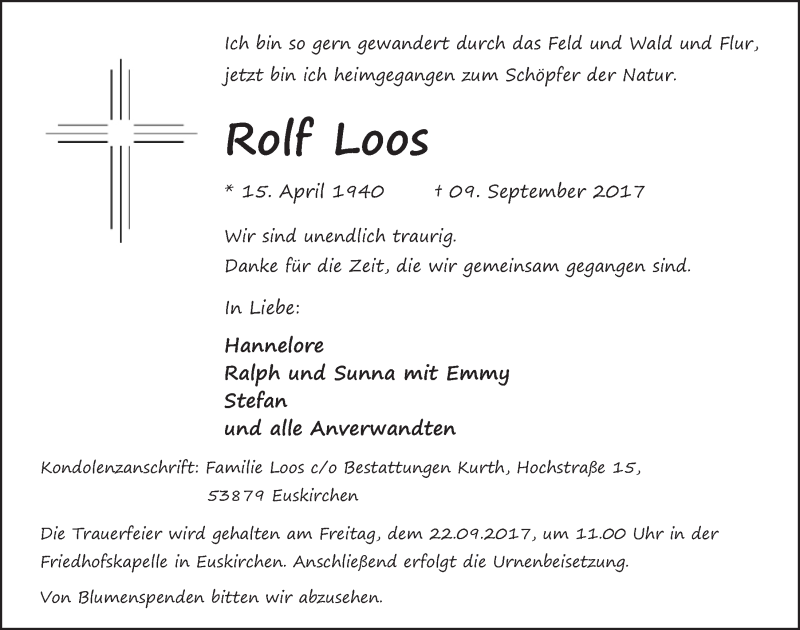  Traueranzeige für Rolf Loos vom 16.09.2017 aus  Blickpunkt Euskirchen 