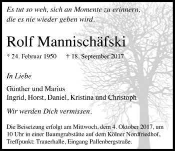 Anzeige von Rolf Mannischäfski von Kölner Stadt-Anzeiger / Kölnische Rundschau / Express