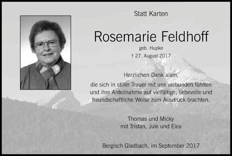  Traueranzeige für Rosemarie Feldhoff vom 16.09.2017 aus Kölner Stadt-Anzeiger / Kölnische Rundschau / Express