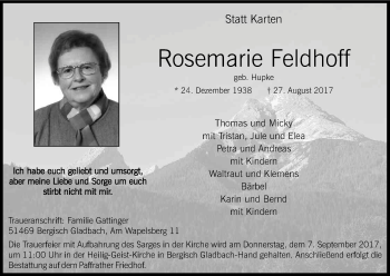 Anzeige von Rosemarie Feldhoff von Kölner Stadt-Anzeiger / Kölnische Rundschau / Express