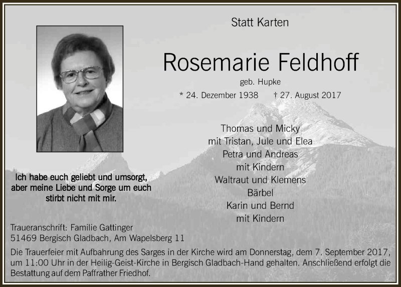  Traueranzeige für Rosemarie Feldhoff vom 06.09.2017 aus  Bergisches Handelsblatt 