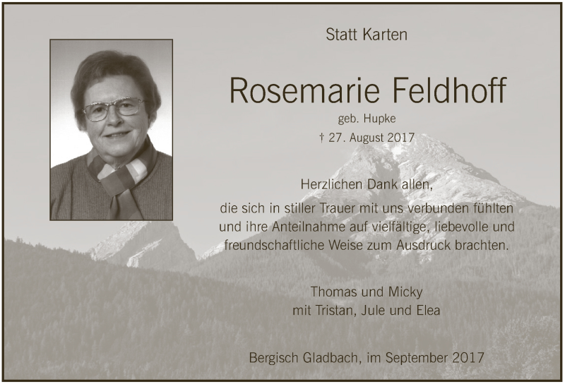  Traueranzeige für Rosemarie Feldhoff vom 20.09.2017 aus  Bergisches Handelsblatt 