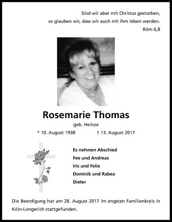 Anzeige von Rosemarie Thomas von Kölner Stadt-Anzeiger / Kölnische Rundschau / Express