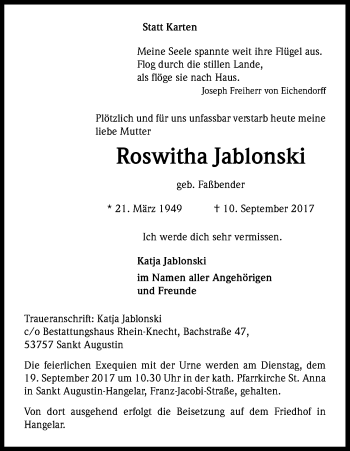 Anzeige von Roswitha Jablonski von Kölner Stadt-Anzeiger / Kölnische Rundschau / Express