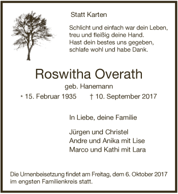 Anzeige von Roswitha Overath von  Bergisches Handelsblatt 