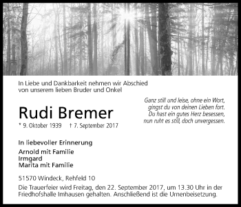 Anzeige von Rudi Bremer von Kölner Stadt-Anzeiger / Kölnische Rundschau / Express