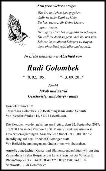 Anzeige von Rudi Golombek von Kölner Stadt-Anzeiger / Kölnische Rundschau / Express