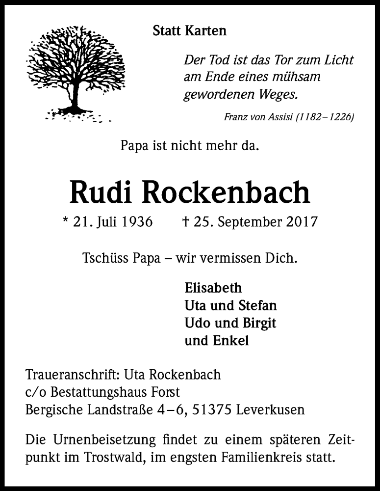  Traueranzeige für Rudi Rockenbach vom 30.09.2017 aus Kölner Stadt-Anzeiger / Kölnische Rundschau / Express