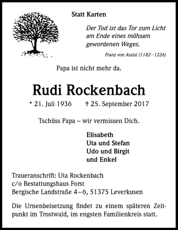 Anzeige von Rudi Rockenbach von Kölner Stadt-Anzeiger / Kölnische Rundschau / Express