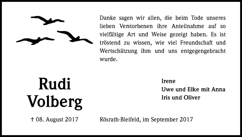  Traueranzeige für Rudi Volberg vom 30.09.2017 aus Kölner Stadt-Anzeiger / Kölnische Rundschau / Express