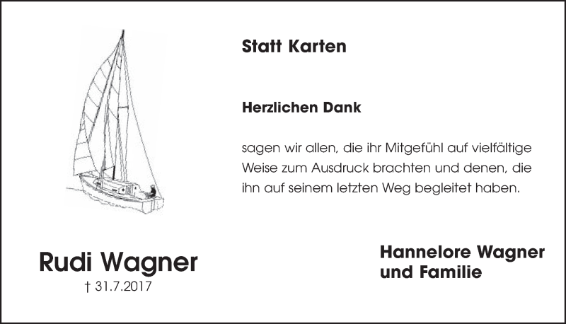  Traueranzeige für Rudi Wagner vom 20.09.2017 aus  Schlossbote/Werbekurier 