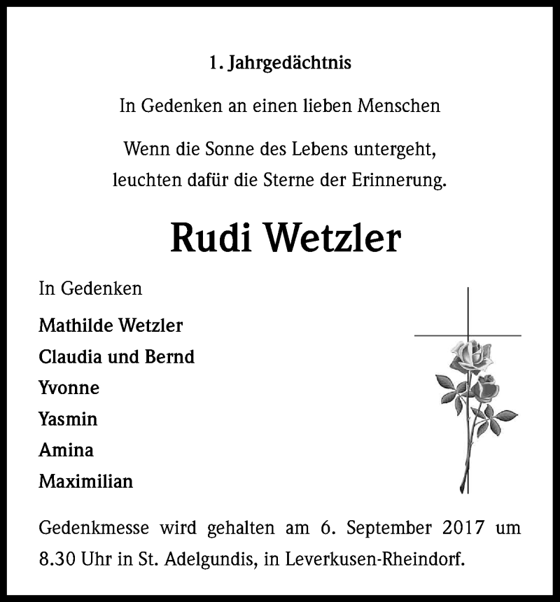 Traueranzeige für Rudi Wetzler vom 02.09.2017 aus Kölner Stadt-Anzeiger / Kölnische Rundschau / Express