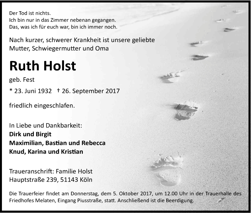  Traueranzeige für Ruth Holst vom 30.09.2017 aus Kölner Stadt-Anzeiger / Kölnische Rundschau / Express