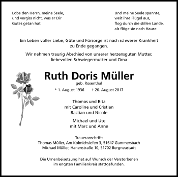 Anzeige von Ruth Doris Müller von Kölner Stadt-Anzeiger / Kölnische Rundschau / Express