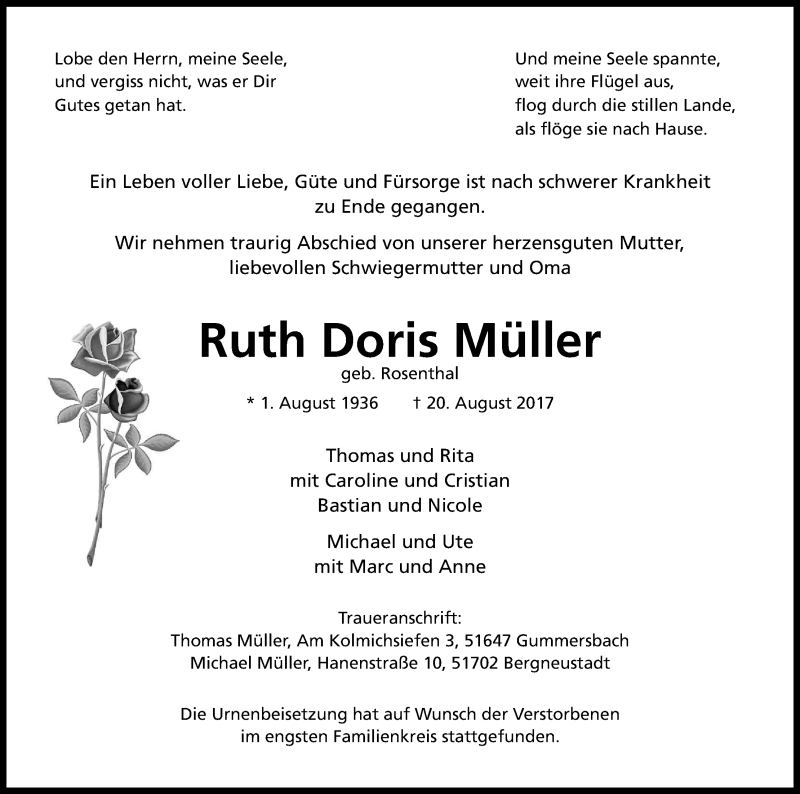  Traueranzeige für Ruth Doris Müller vom 02.09.2017 aus Kölner Stadt-Anzeiger / Kölnische Rundschau / Express