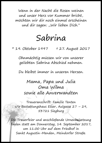 Anzeige von Sabrina  von Kölner Stadt-Anzeiger / Kölnische Rundschau / Express