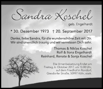 Anzeige von Sandra Koschel von Kölner Stadt-Anzeiger / Kölnische Rundschau / Express