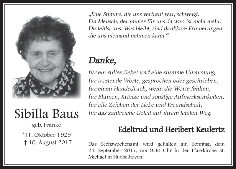  Traueranzeige für Sibilla Baus vom 13.09.2017 aus  Werbepost 