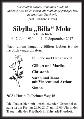 Anzeige von Sibylla Mohr von  Werbepost 