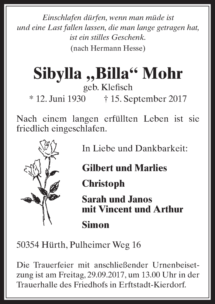 Traueranzeige für Sibylla Mohr vom 27.09.2017 aus  Werbepost 
