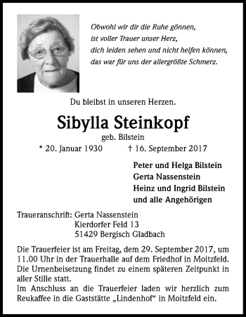 Anzeige von Sibylla Steinkopf von Kölner Stadt-Anzeiger / Kölnische Rundschau / Express