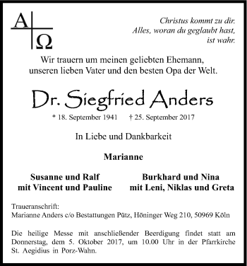 Anzeige von Siegfried  Anders von Kölner Stadt-Anzeiger / Kölnische Rundschau / Express