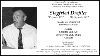 Anzeige von Siegfried Dreßler von Kölner Stadt-Anzeiger / Kölnische Rundschau / Express