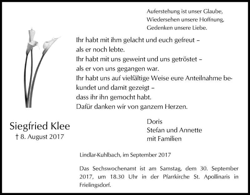  Traueranzeige für Siegfried Klee vom 23.09.2017 aus Kölner Stadt-Anzeiger / Kölnische Rundschau / Express