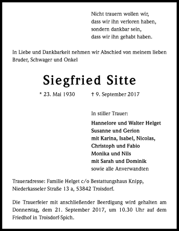 Anzeige von Siegfried Sitte von Kölner Stadt-Anzeiger / Kölnische Rundschau / Express