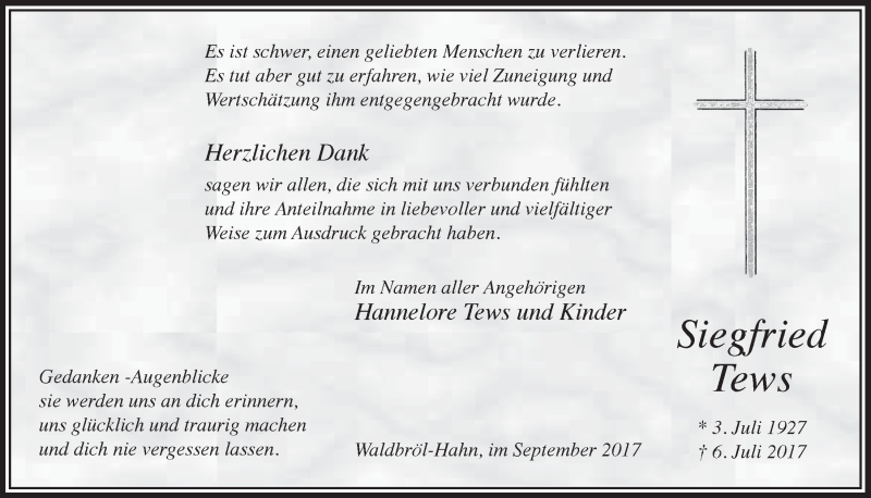  Traueranzeige für Siegfried Tews vom 13.09.2017 aus  Lokalanzeiger 