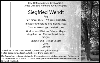 Anzeige von Siegfried Wendt von Kölner Stadt-Anzeiger / Kölnische Rundschau / Express