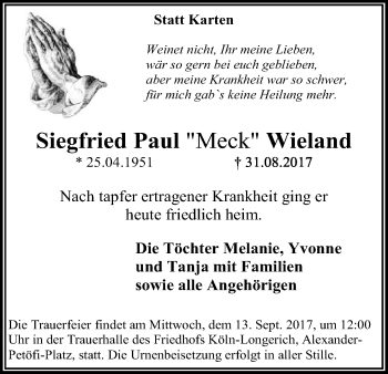 Anzeige von Siegfried Paul Wieland von Kölner Stadt-Anzeiger / Kölnische Rundschau / Express